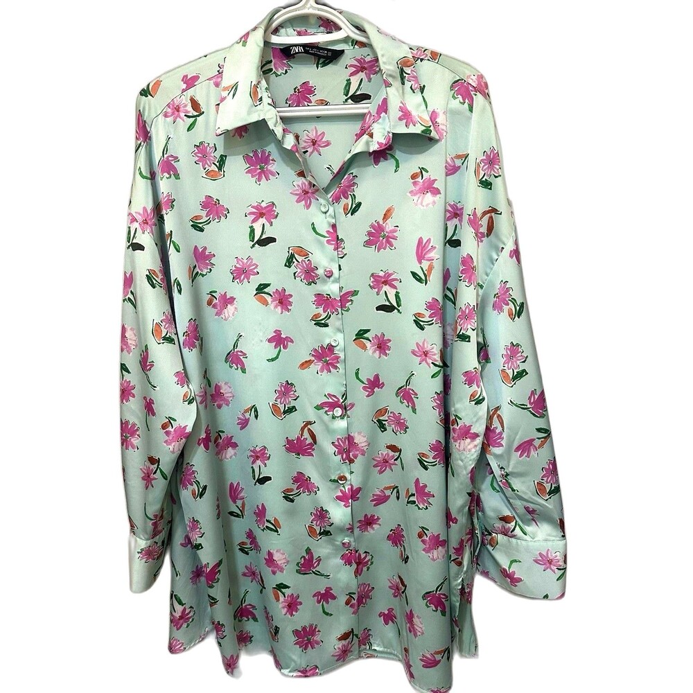 Zara Women’s L Floral Satin Button Down Shirt Green Pink Oversized Tunic Top